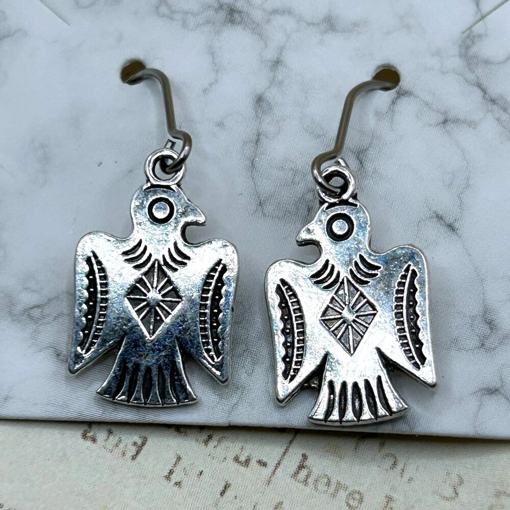Southwestern Silver Plated Thunderbird Thunder Bird Dangle Earrings Pierced